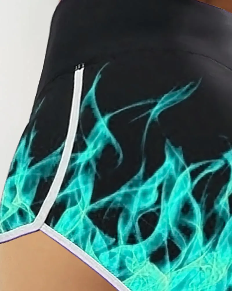 Flame Print Contrast Binding Yoga Shorts