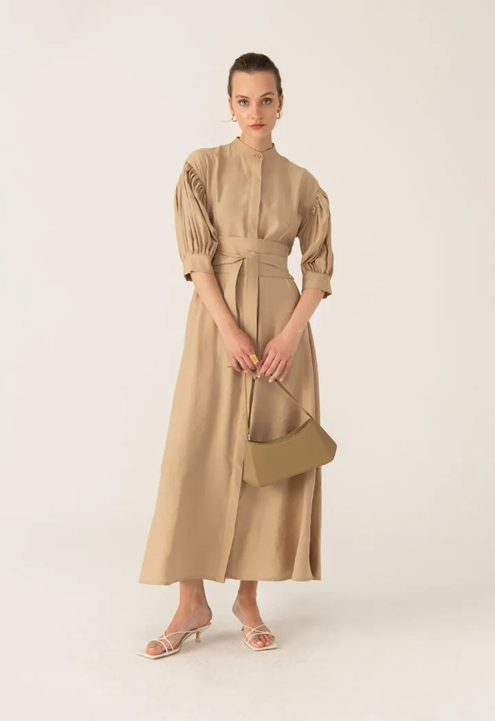 Gathered Sleeve Long Shirt Dress