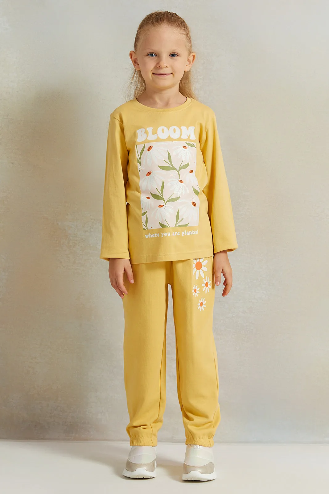 Girls Mustard Placement Print Track Pants