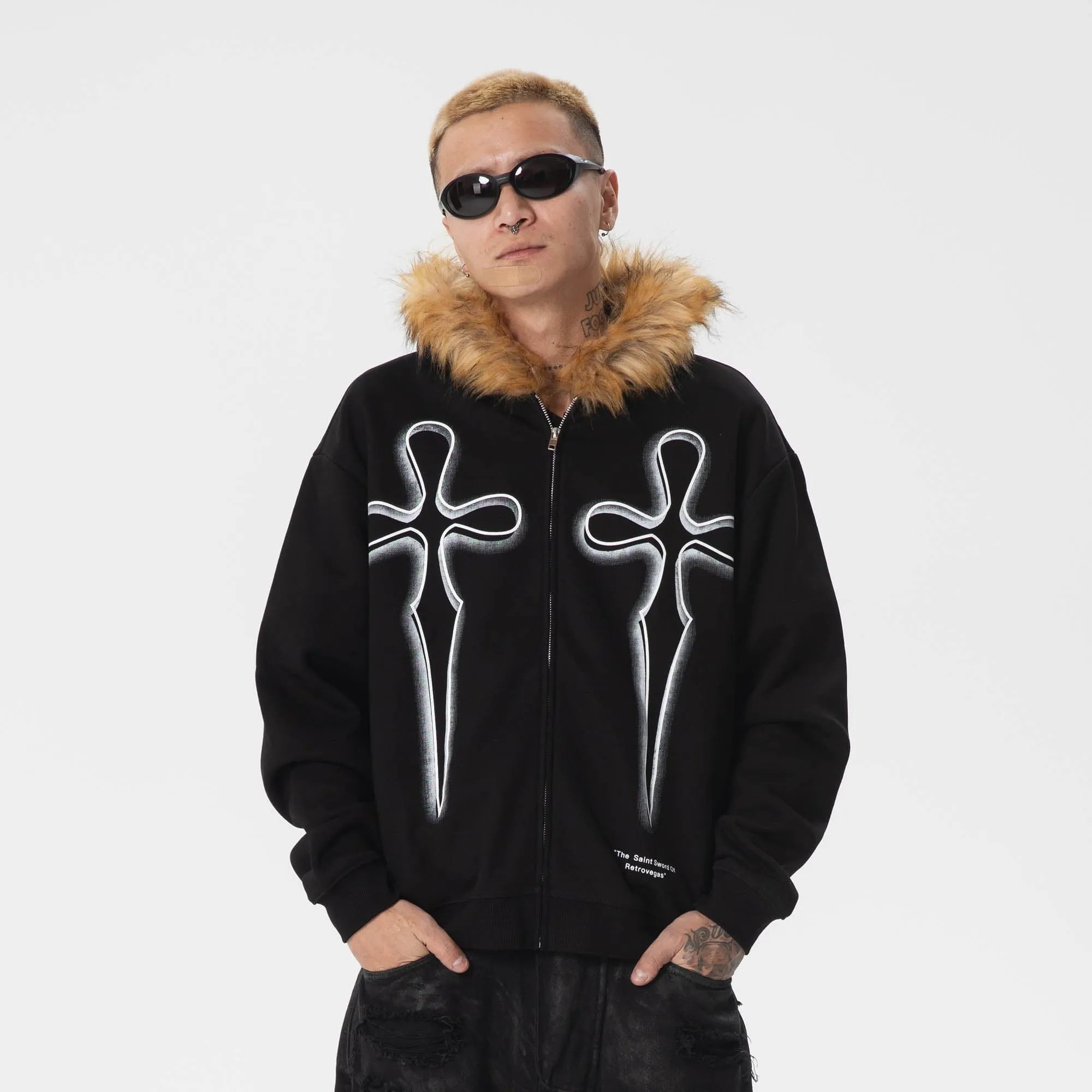 Gothic Cross Fur Hoodie Jacket