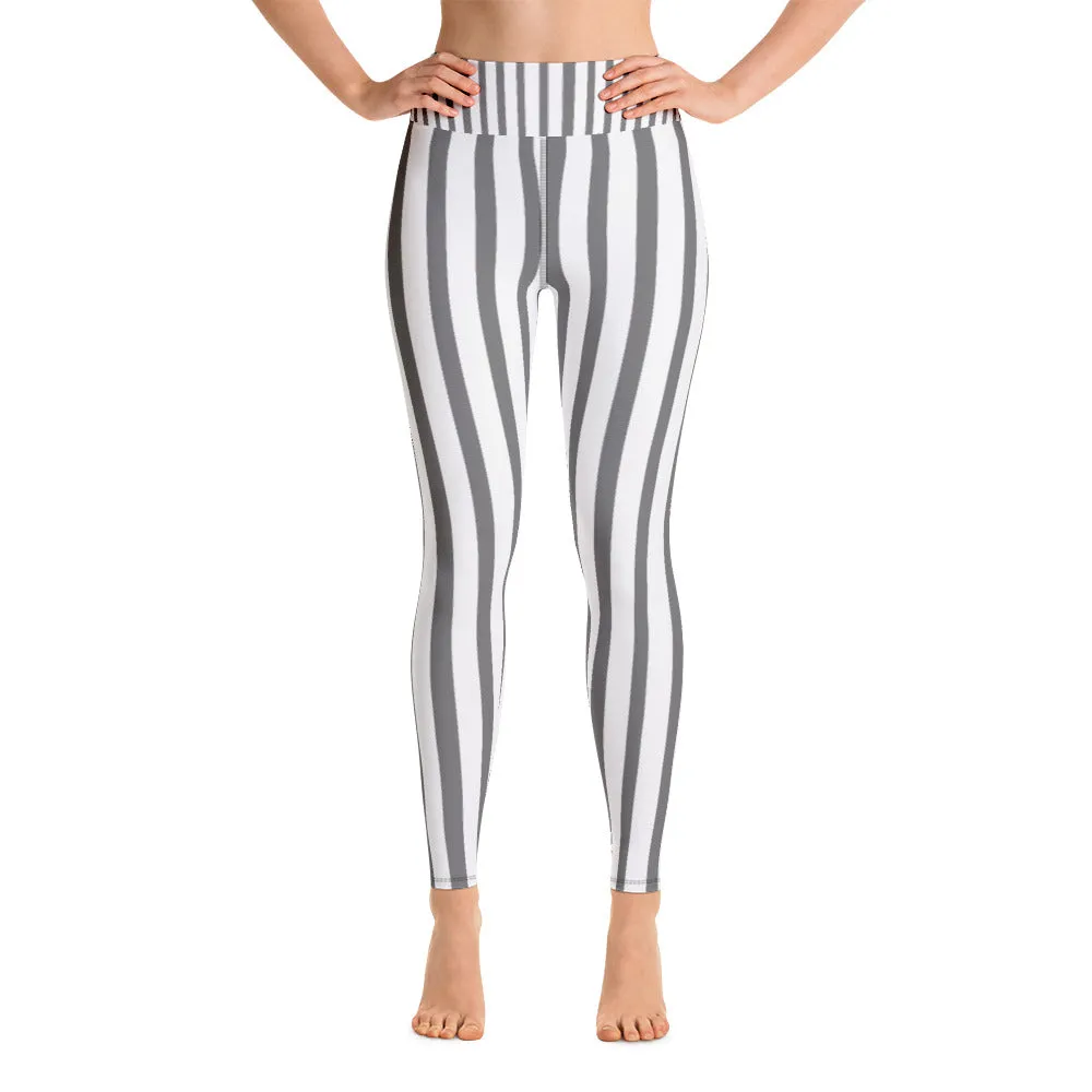 Grey Striped Women's Leggings, White Long Yoga Circus Workout Pants-Made in USA/EU