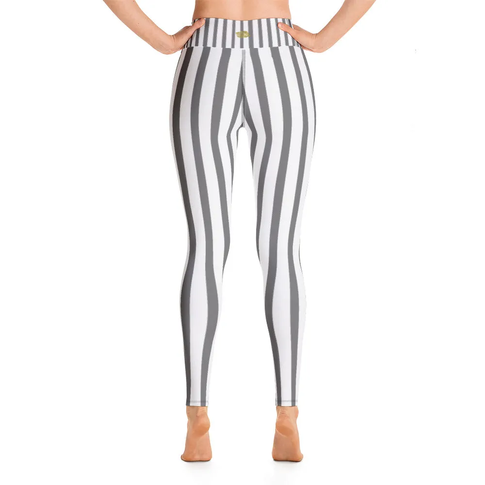 Grey Striped Women's Leggings, White Long Yoga Circus Workout Pants-Made in USA/EU