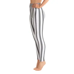 Grey Striped Women's Leggings, White Long Yoga Circus Workout Pants-Made in USA/EU