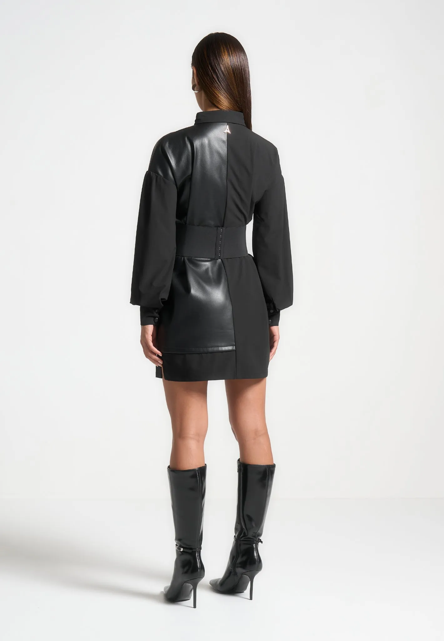 Half Leather Shirt Dress - Black