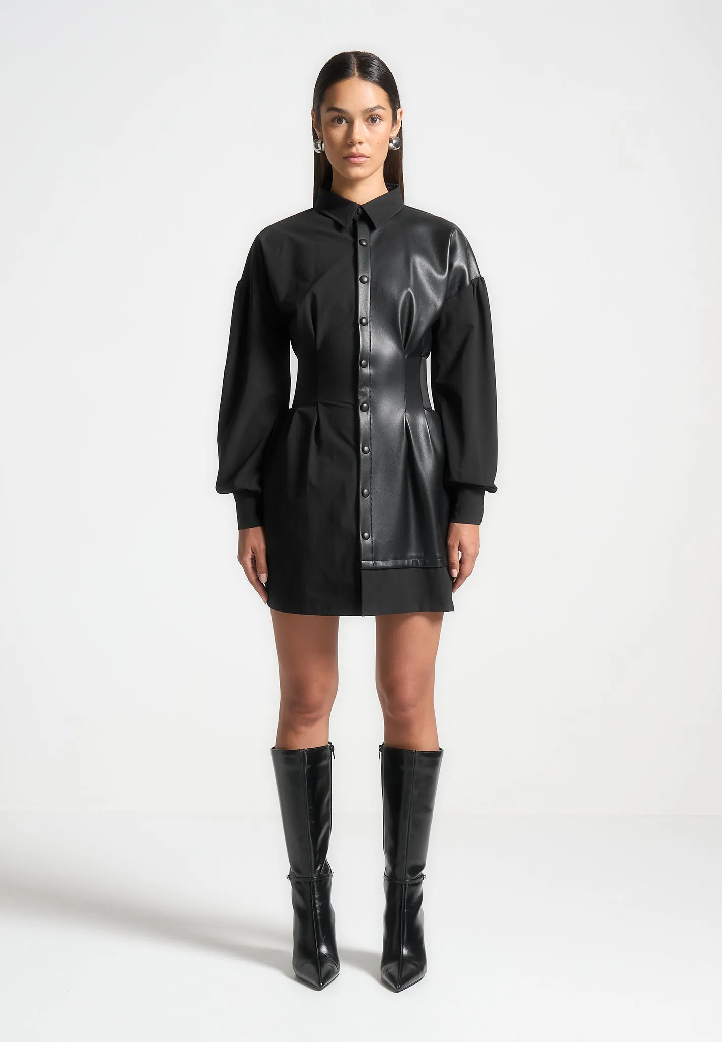 Half Leather Shirt Dress - Black