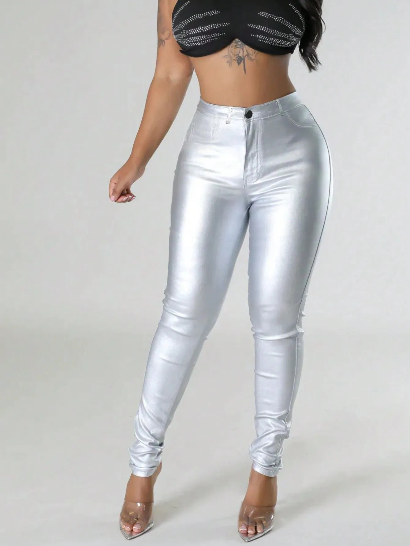 High Waist Thermal Lined PU Leather Skinny Cropped Pants