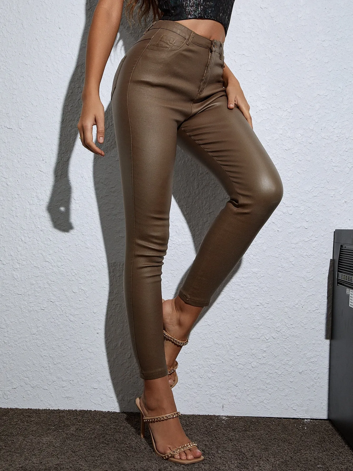 High Waist Thermal Lined PU Leather Skinny Cropped Pants