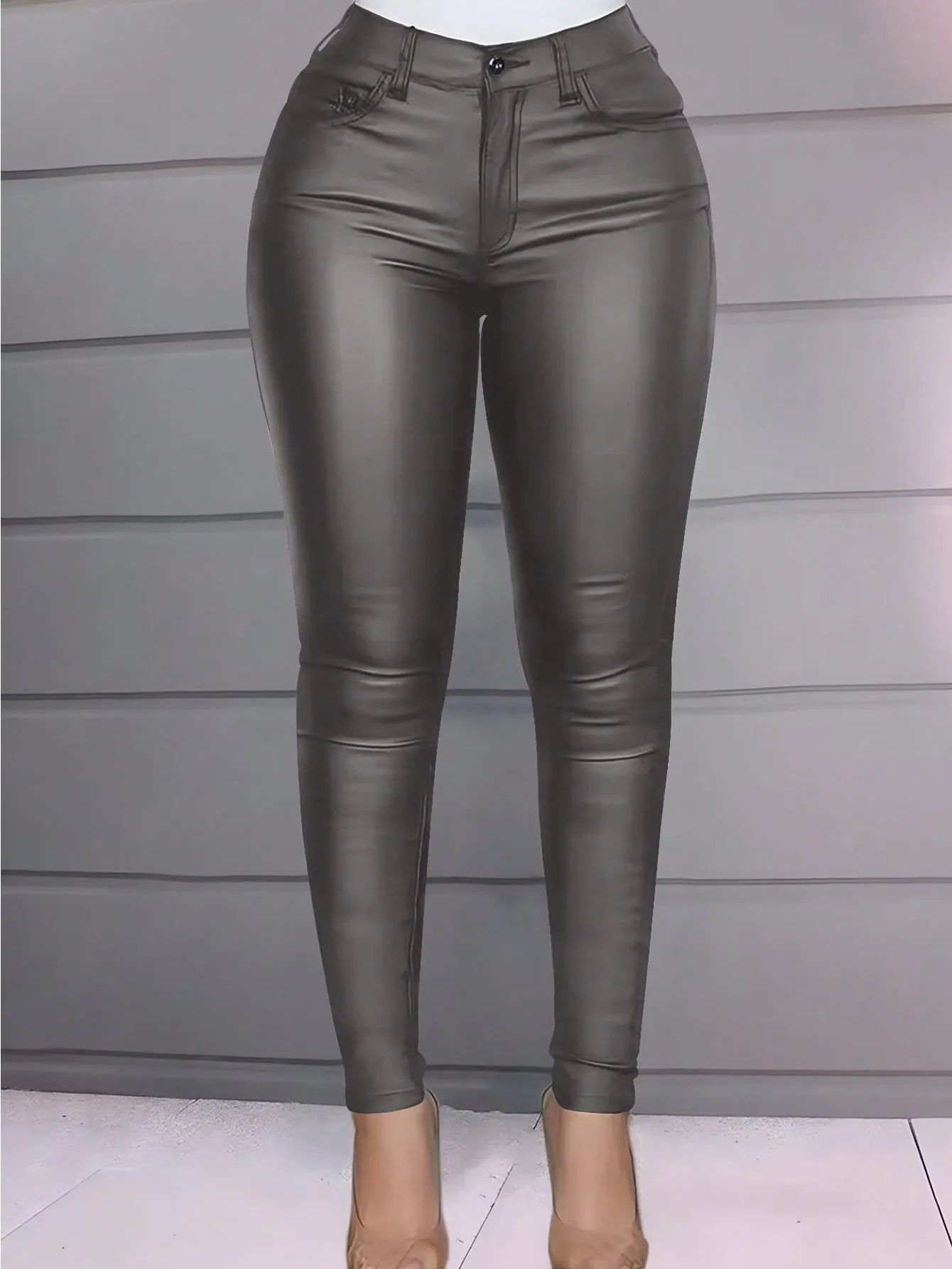 High Waist Thermal Lined PU Leather Skinny Cropped Pants