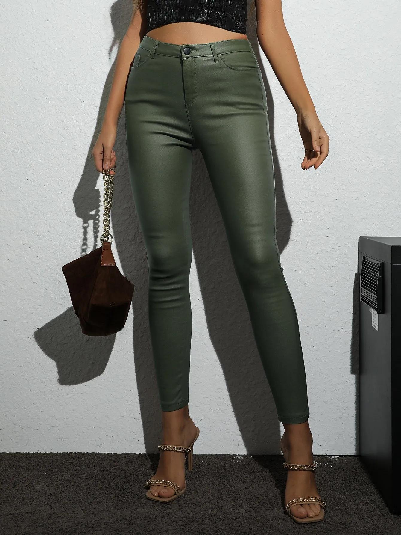 High Waist Thermal Lined PU Leather Skinny Cropped Pants