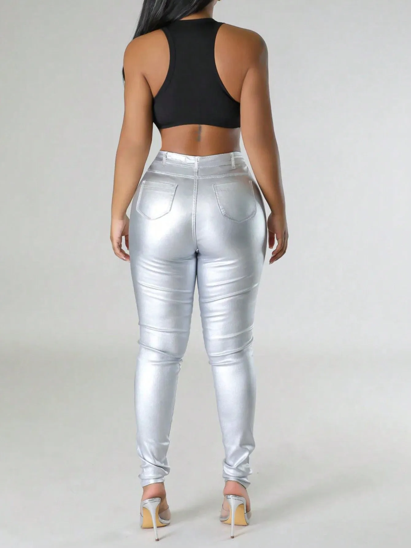 High Waist Thermal Lined PU Leather Skinny Cropped Pants