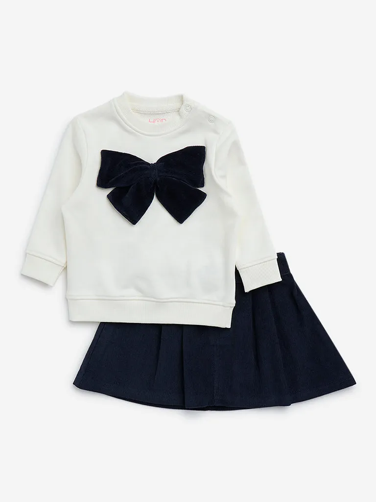 HOP Baby Navy Ribbon-Design Cotton-Blend Sweatshirt and Skirt Set