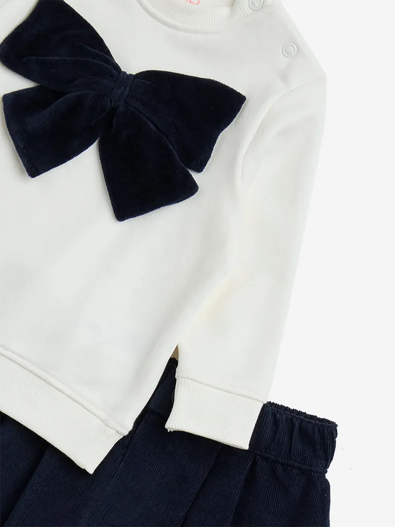 HOP Baby Navy Ribbon-Design Cotton-Blend Sweatshirt and Skirt Set