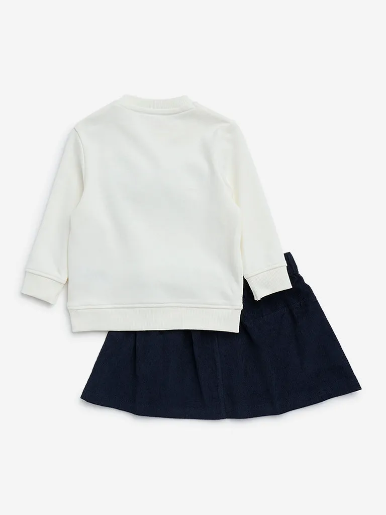 HOP Baby Navy Ribbon-Design Cotton-Blend Sweatshirt and Skirt Set