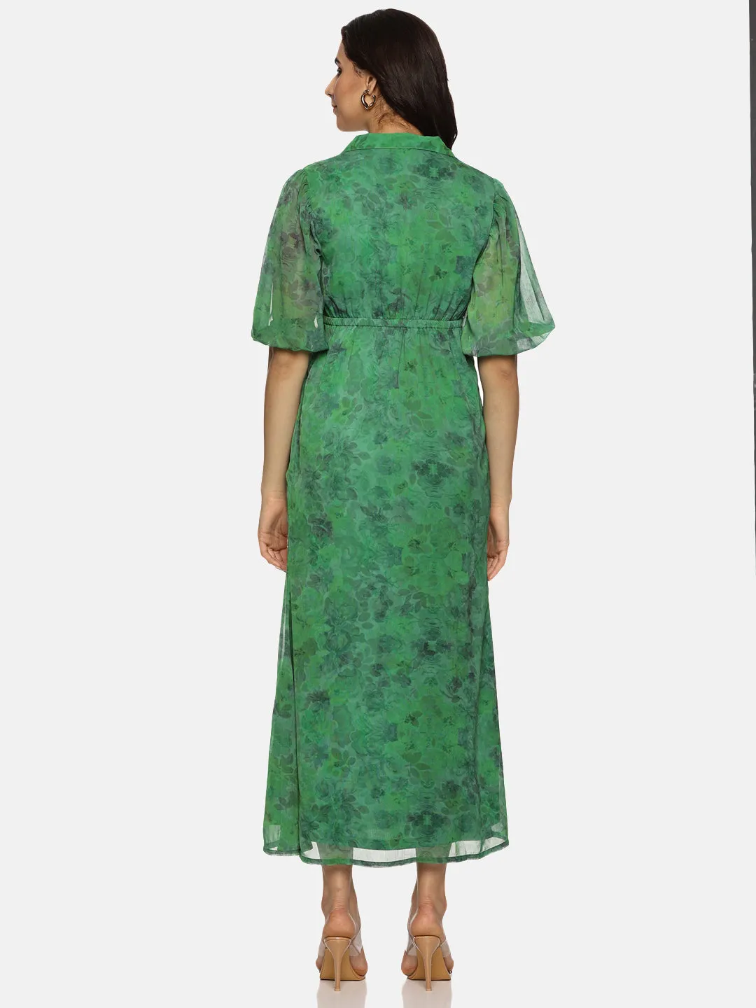 IS.U Floral Green Shirt Collared Maxi Dress