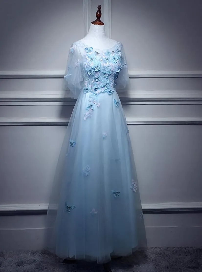 Light Blue Flowers Long Party Dress, A-line Tulle Party Dress Evening Dress