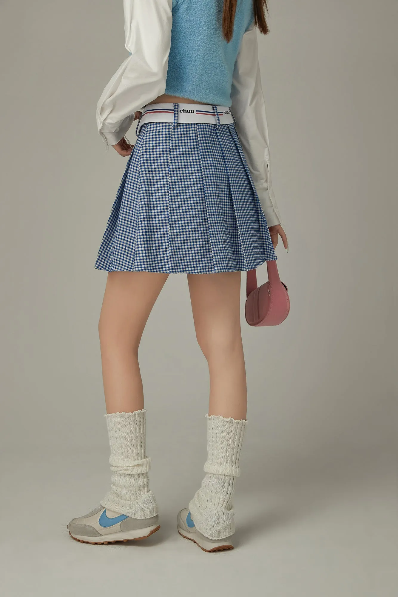 Logo Band Check Pleated Skirt