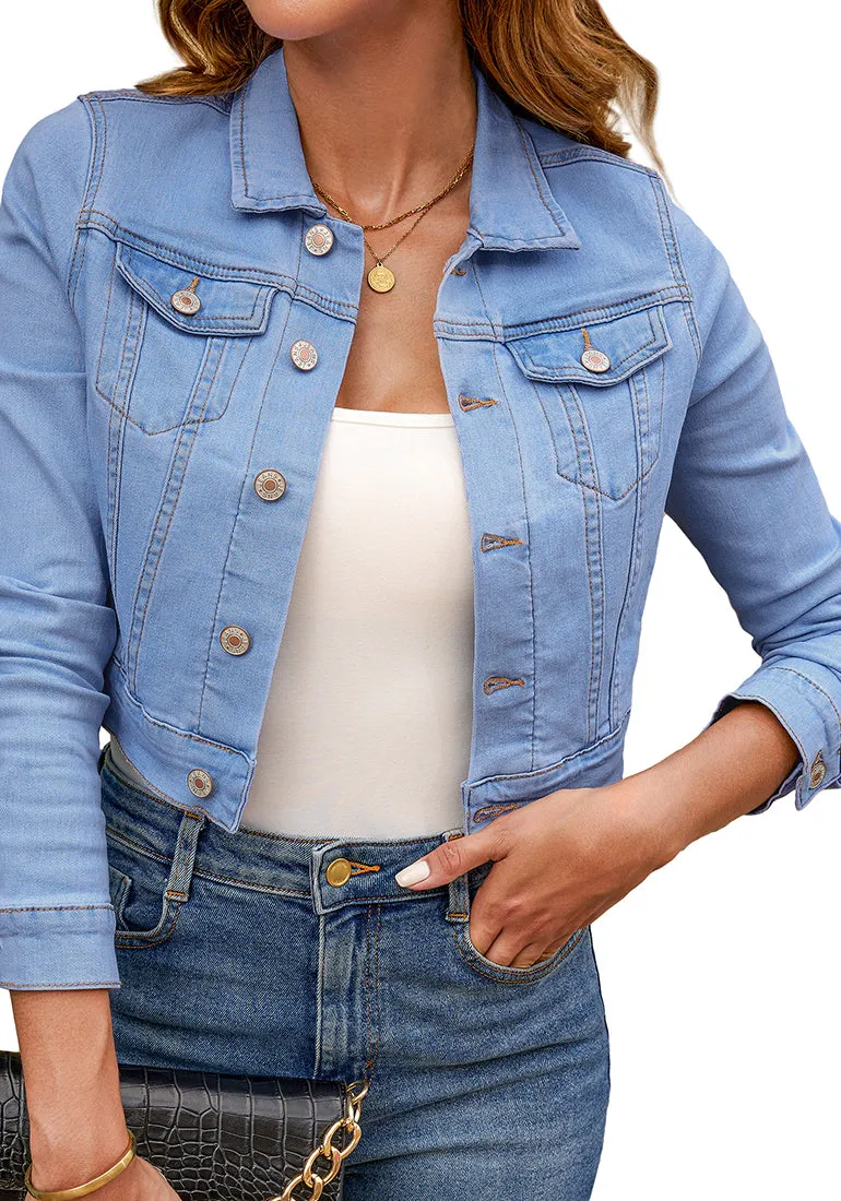 Medium Blue Women's Basic Long Sleeves Fitted Denim Cropped Jacket