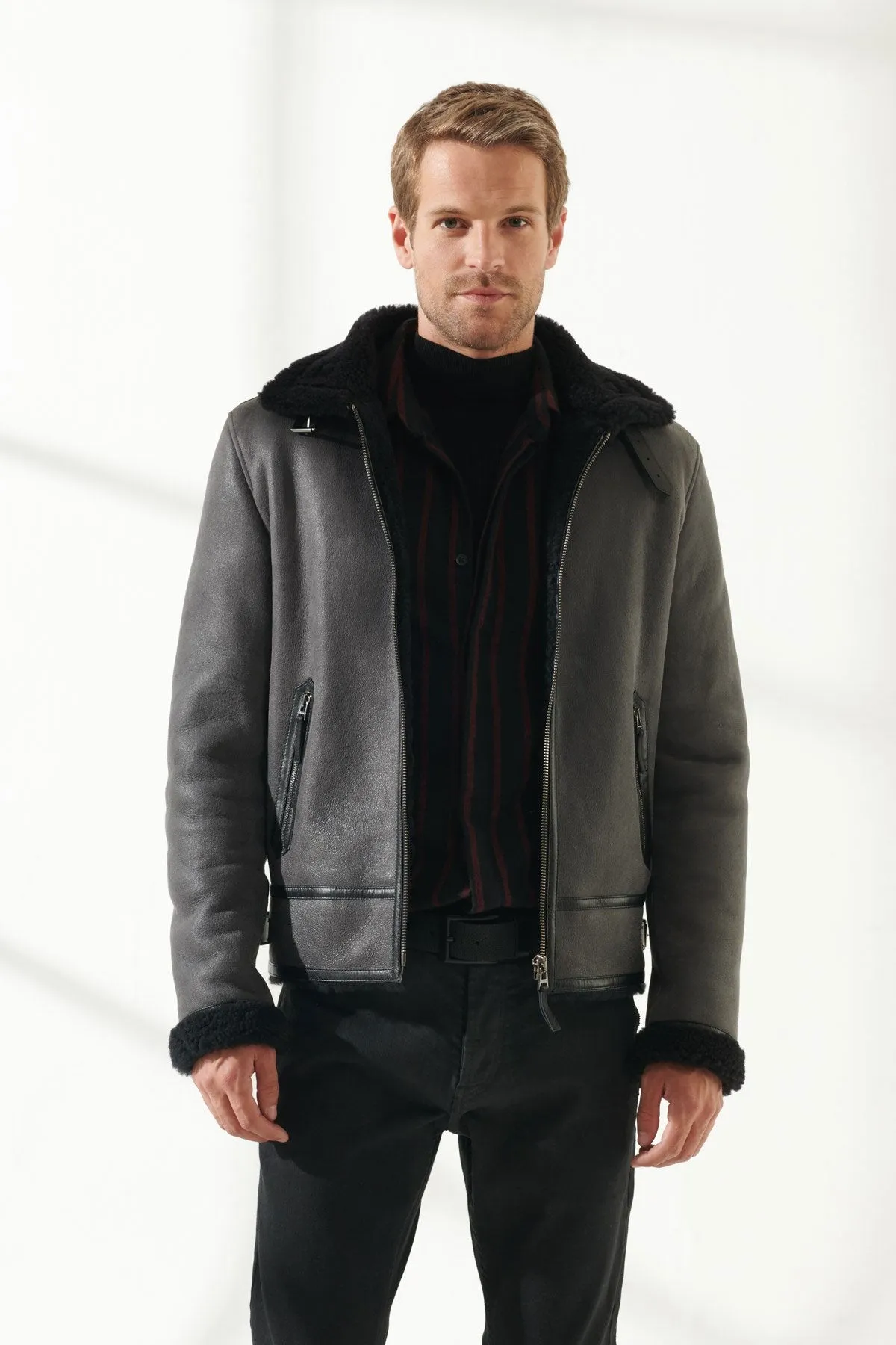 Men Aviator Grey Shearling Jacket