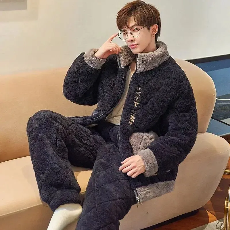 Men Pajamas Winter Coral Velvet Male 3-layer Cotton Padded Sleepwear Set Warm Loungewear Suit