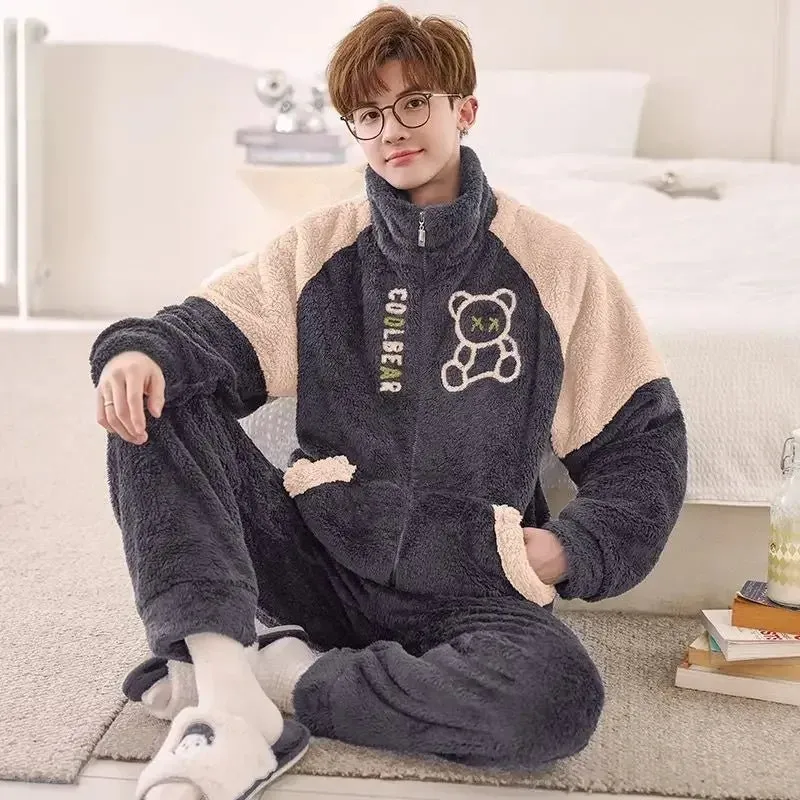 Men Pajamas Winter Coral Velvet Male 3-layer Cotton Padded Sleepwear Set Warm Loungewear Suit