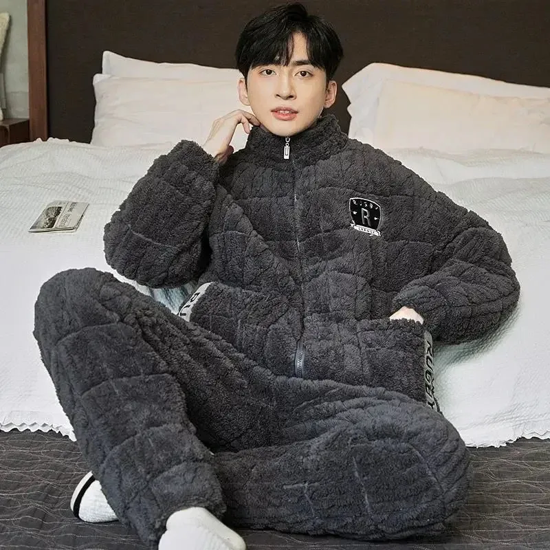 Men Pajamas Winter Coral Velvet Male 3-layer Cotton Padded Sleepwear Set Warm Loungewear Suit