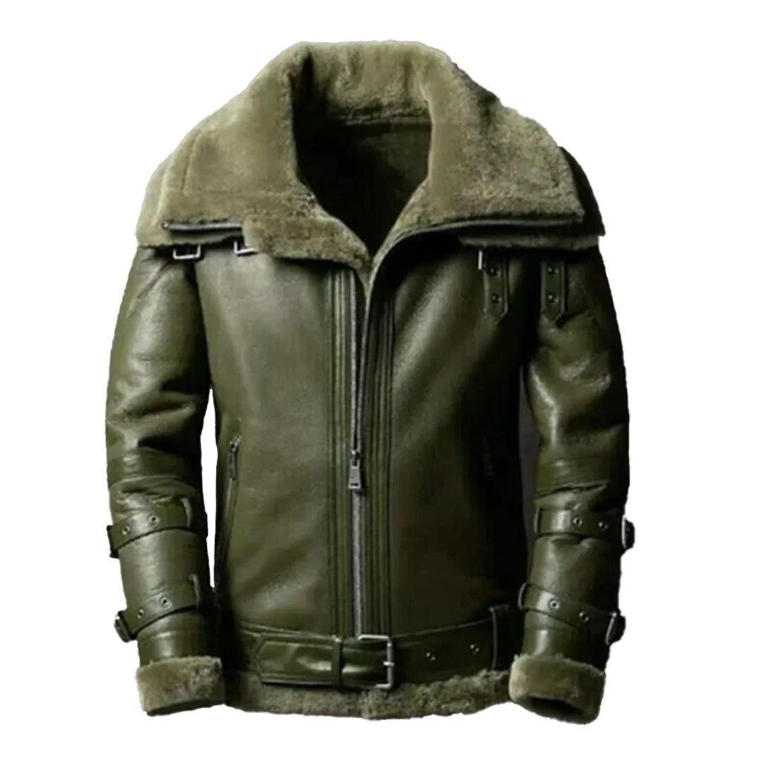 Men's Double Collar Green RAF Faux Shearling Bomber Jacket