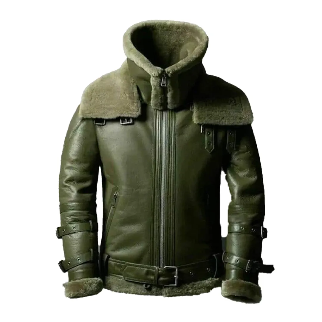 Men's Double Collar Green RAF Faux Shearling Bomber Jacket