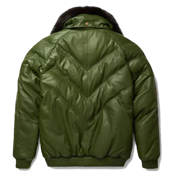 Men's Green V-Bomber Faux Shearling Leather Jacket