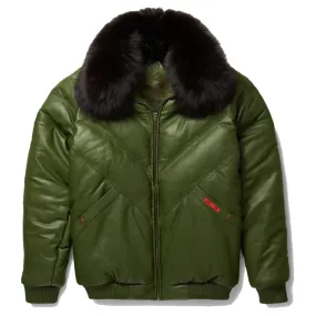 Men's Green V-Bomber Faux Shearling Leather Jacket