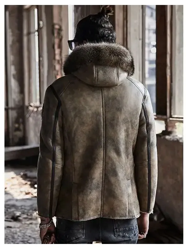 Mens Hooded Shearling Collar Leather Bomber Jacket