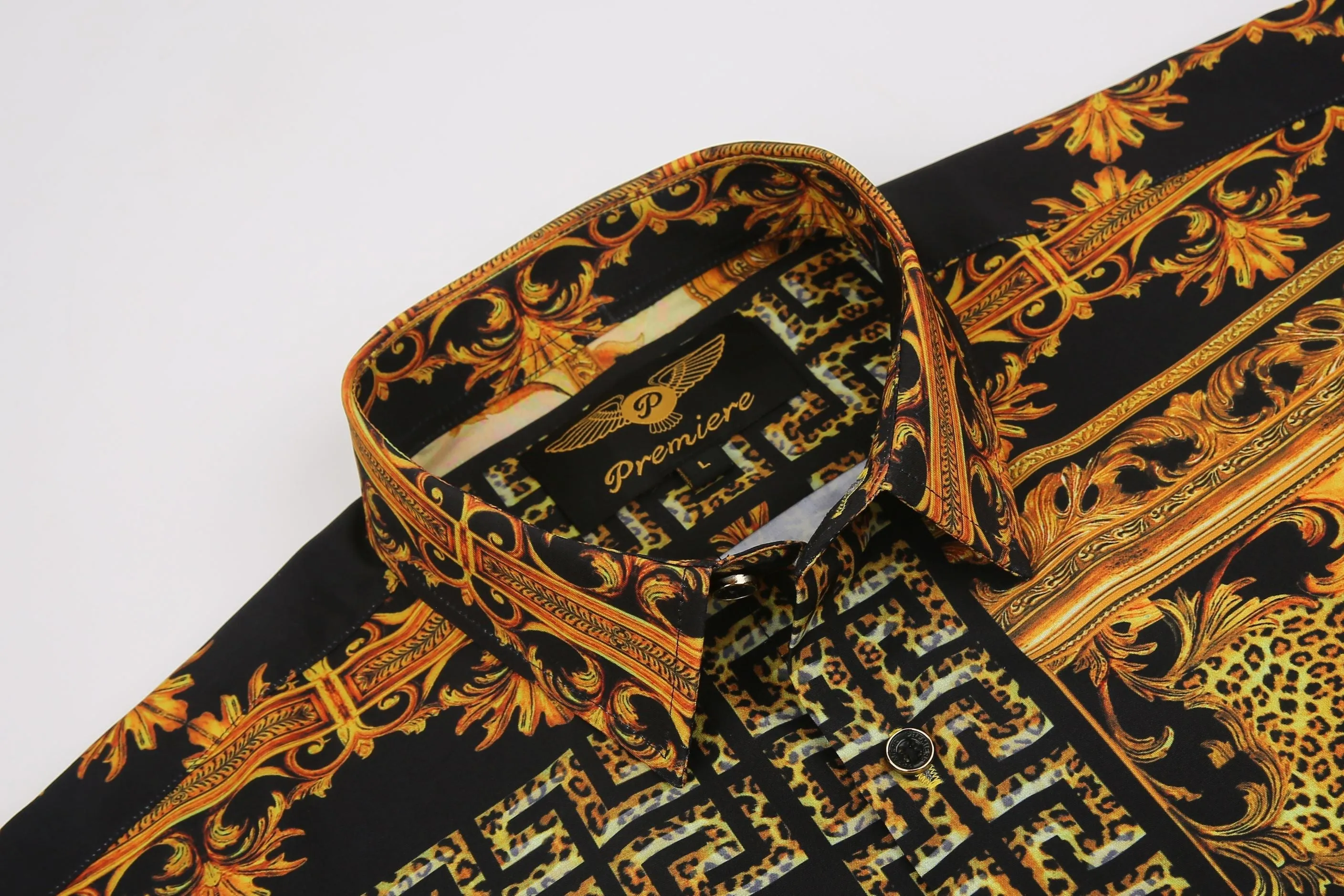 Men's PREMIERE Black Gold Leopard Tribal Paisley Long Sleeve Button Down Dress Shirt