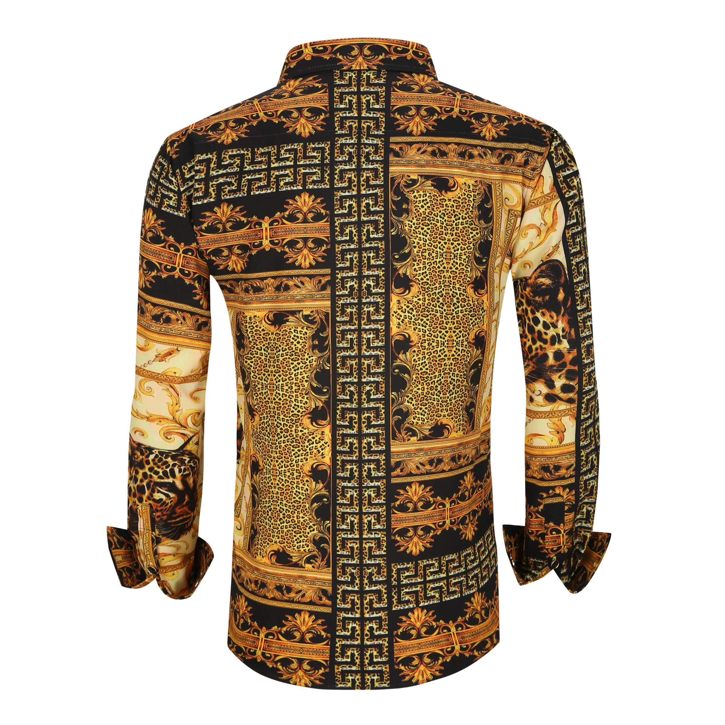 Men's PREMIERE Black Gold Leopard Tribal Paisley Long Sleeve Button Down Dress Shirt