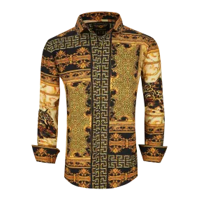 Men's PREMIERE Black Gold Leopard Tribal Paisley Long Sleeve Button Down Dress Shirt