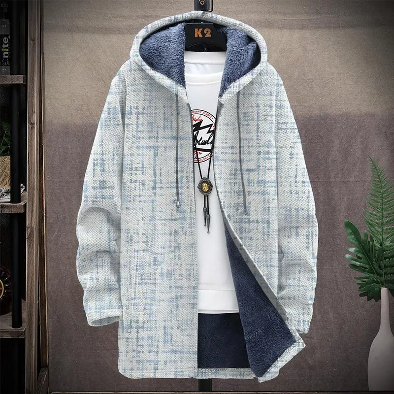 Men's Printed Hooded Two-pocket Plush Thickened Long-sleeved Cardigan Jacket 84537045L