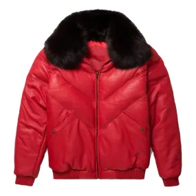 Men's Red V-Bomber Faux Shearling Leather Jacket