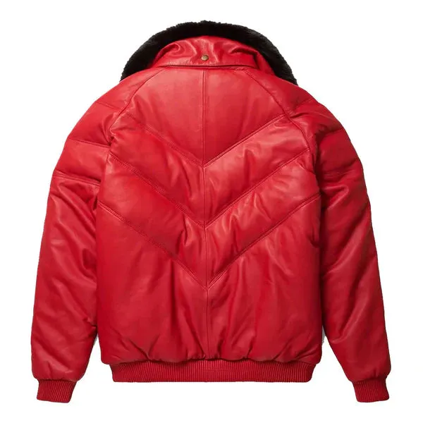 Men's Red V-Bomber Faux Shearling Leather Jacket