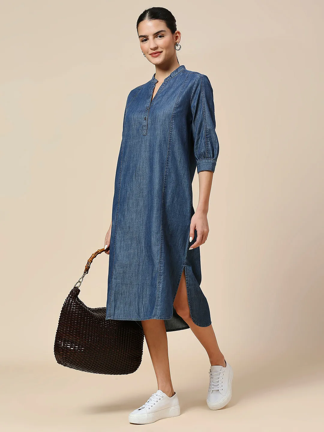 MID WASH DENIM POP OVER SHIRT DRESS WITH A HIGH - LOW HEMLINE