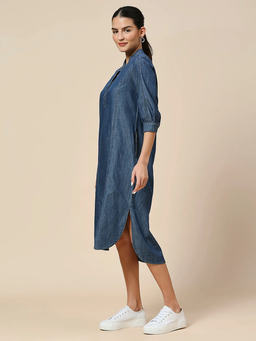 MID WASH DENIM POP OVER SHIRT DRESS WITH A HIGH - LOW HEMLINE