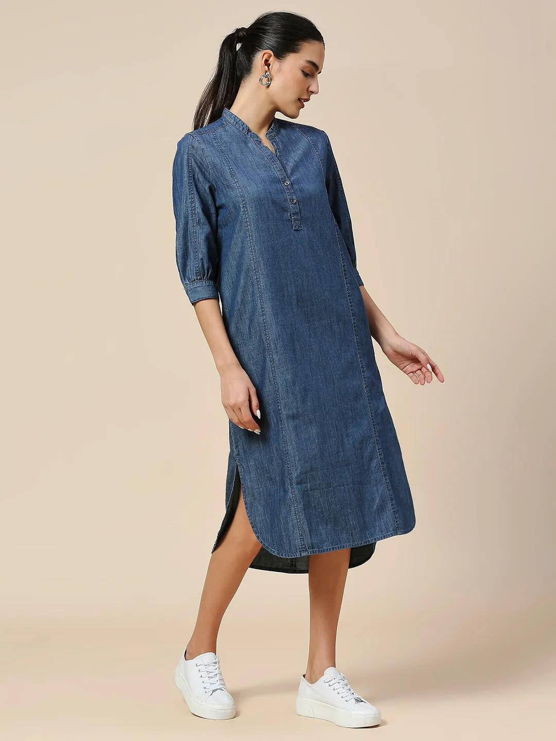 MID WASH DENIM POP OVER SHIRT DRESS WITH A HIGH - LOW HEMLINE