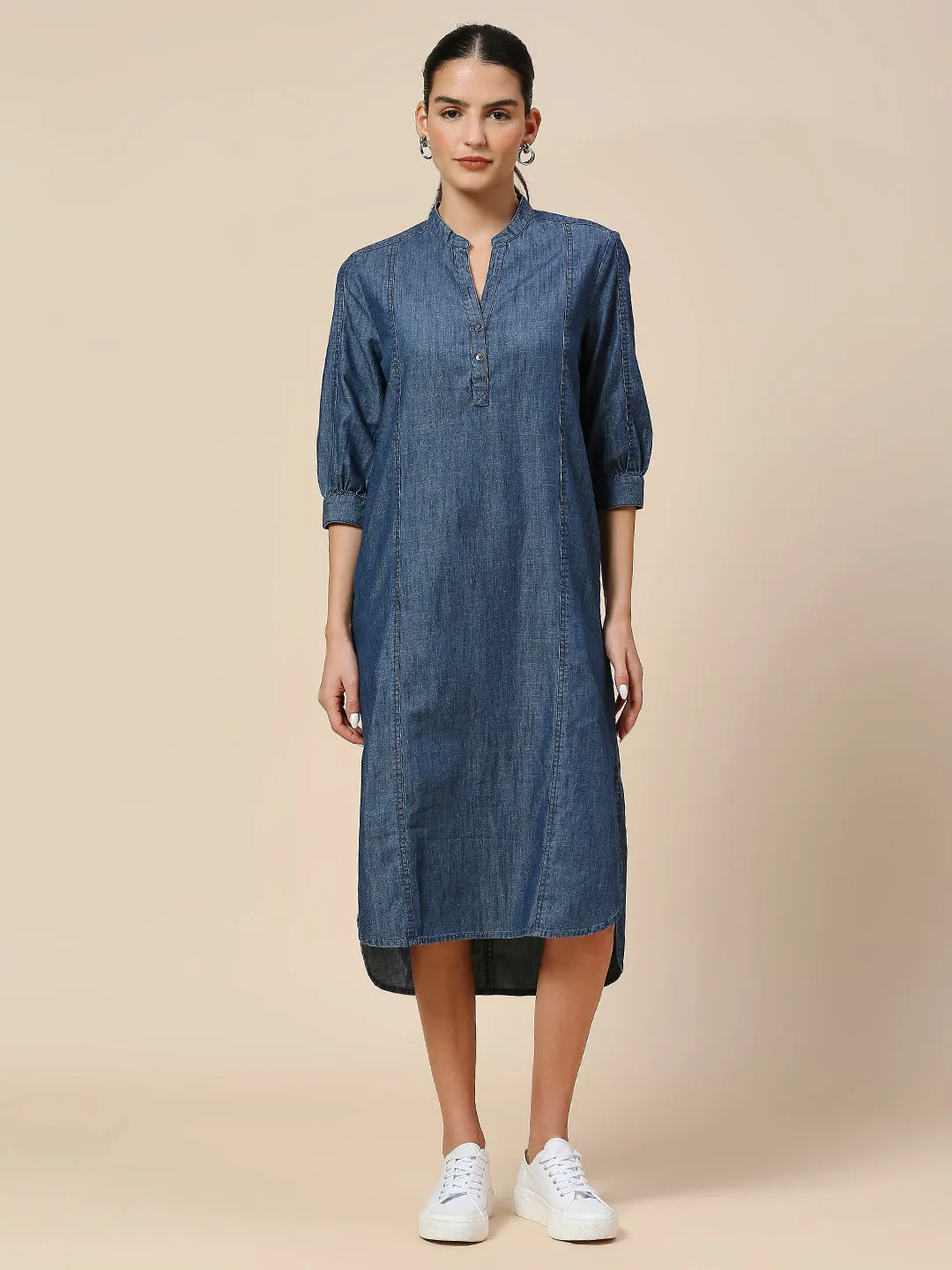 MID WASH DENIM POP OVER SHIRT DRESS WITH A HIGH - LOW HEMLINE