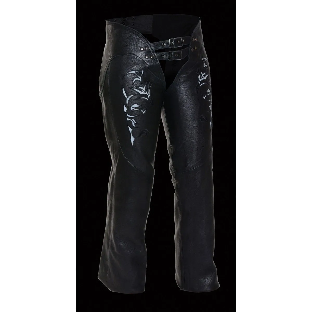 Milwaukee Leather Chaps for Women Black Low-Rise Waist- Double Buckle Reflective Embroidery Motorcycle Chap- ML1187