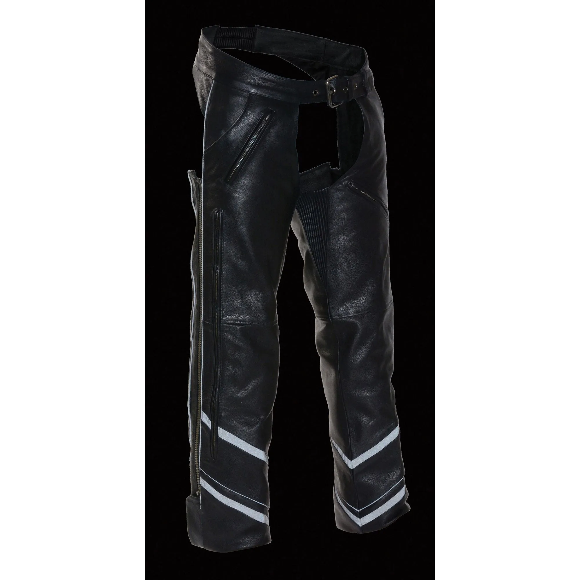 Milwaukee Leather ML1144 Men's Black Premium Leather Vented Motorcycle Rider Chaps w/ Reflective Piping