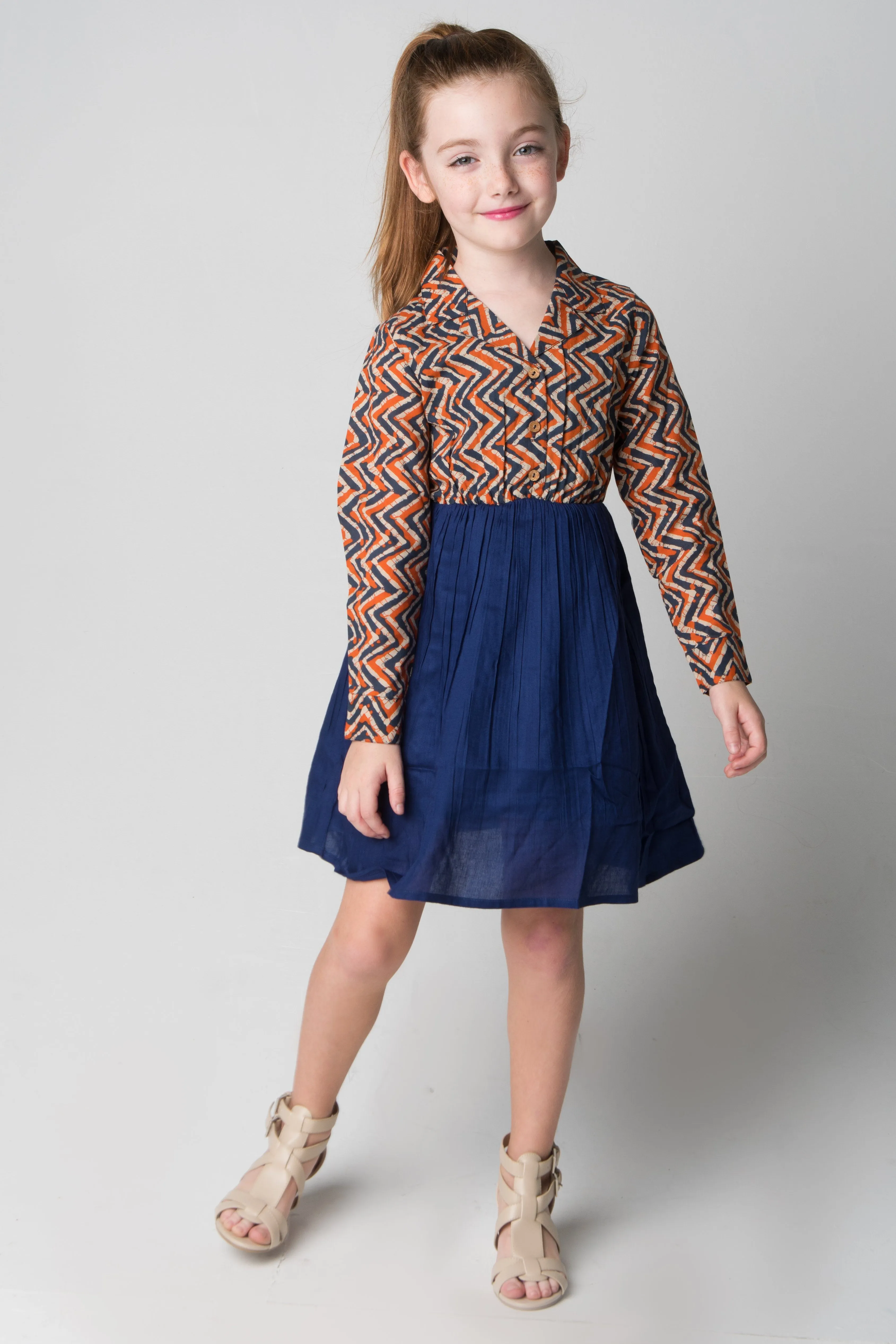 Navy & Orange Chevron Shirt and Skirt One Piece Dress