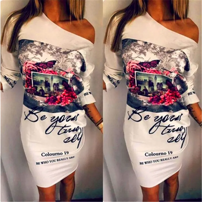 New Arrival Fashion Floral Print Party Dresses Sexy Oblique Neck Plus Size Women Clothing