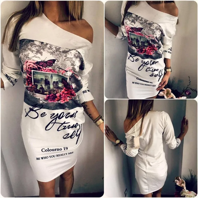 New Arrival Fashion Floral Print Party Dresses Sexy Oblique Neck Plus Size Women Clothing