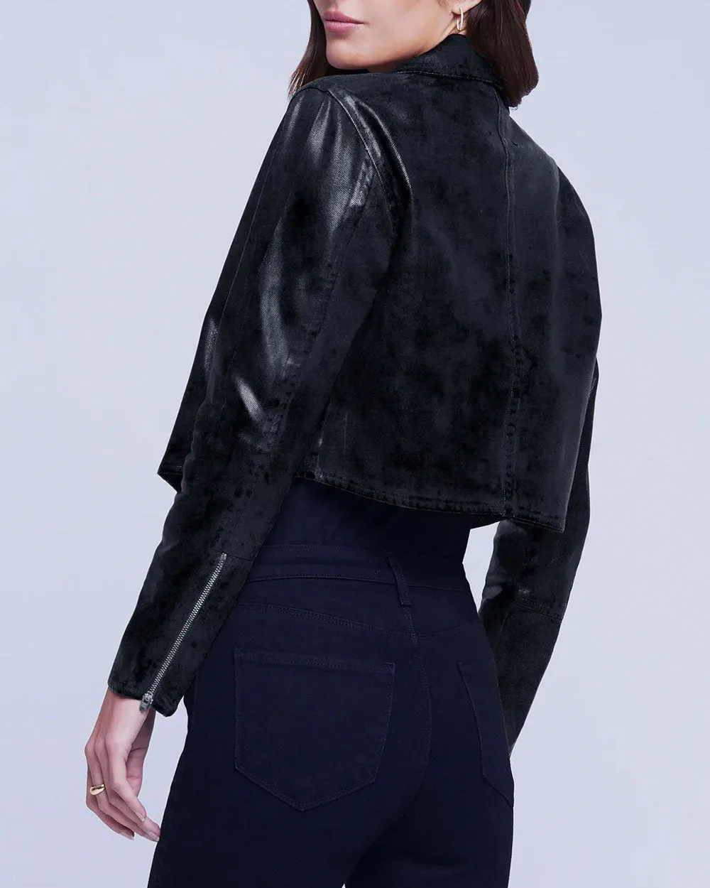 Noir Coated Laverne Cropped Biker Jacket