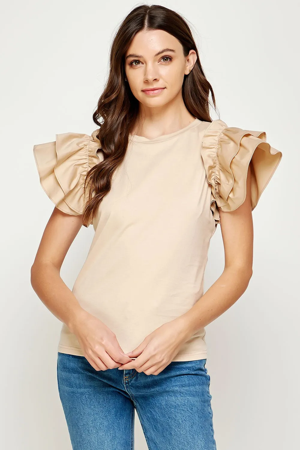 Oatmeal Flutter Ruffle Sleeve Top