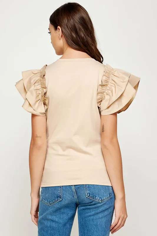 Oatmeal Flutter Ruffle Sleeve Top