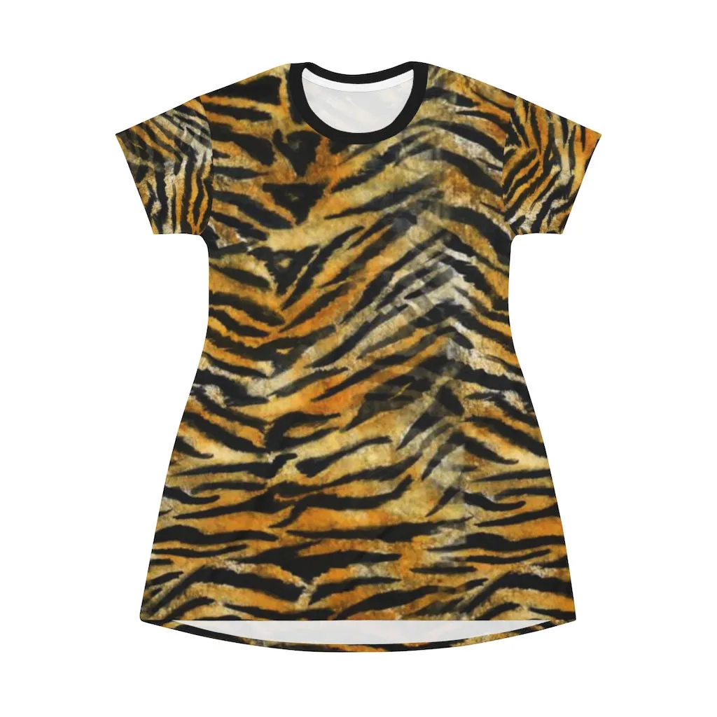 Orange Tiger Stripes T-Shirt Dress, Animal Print Crew Neck Long Tee Shirt Dress - Made in USA