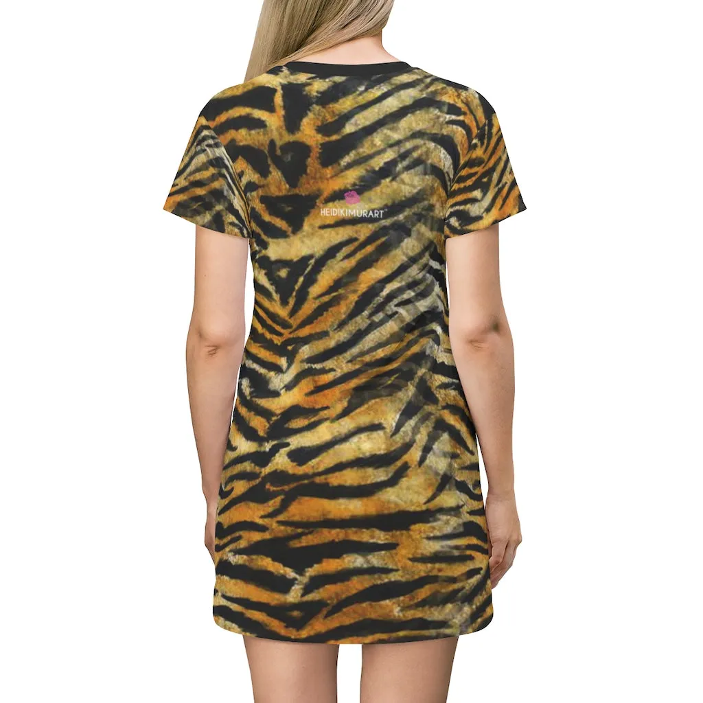 Orange Tiger Stripes T-Shirt Dress, Animal Print Crew Neck Long Tee Shirt Dress - Made in USA